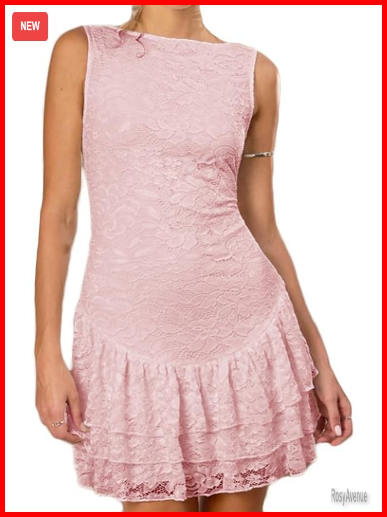 Sleeveless Boat Neck Floral Lace Ruffle Hem Layered Mini Dress Y2k A-Line